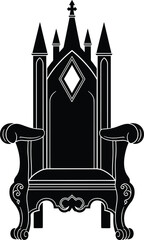 Ornate throne silhouette, royal seat vector, Gothic fantasy design, medieval furniture concept, cad drawing flat vector illustration artwork