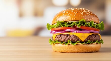 A delicious cheeseburger with lettuce, tomato, and onion on a sesame seed bun.