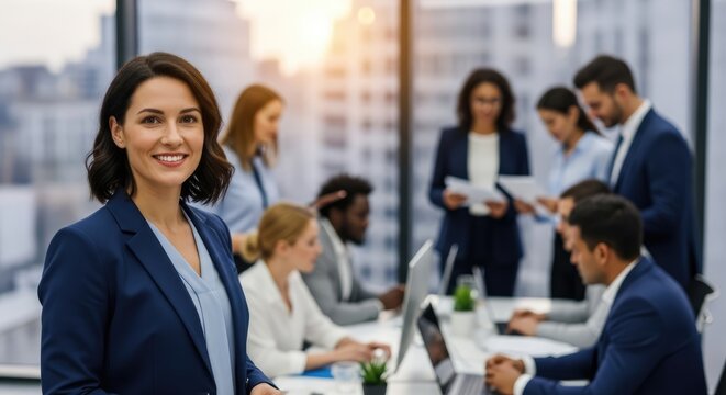 A businesswoman smiling in an office with a group of people in the background. - Powered by Adobe