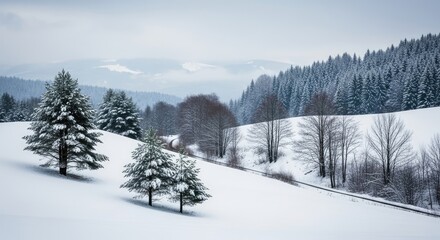 Snow-covered landscape with pine trees and a road in the distance.
