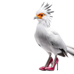 Fototapeta premium Unusual Bird with Elaborate Feather Crest and Pink High Heels Standing Against a Bright Background