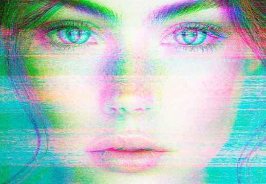 Blue And Magenta Analog VHS Distortion Photo Effect