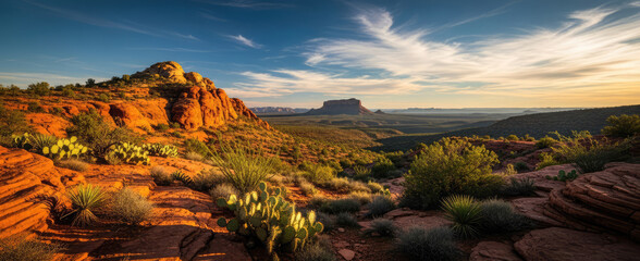 A stunning sunset over a desert landscape with red rock formations and scattered cacti.