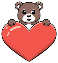 Obraz premium Adorable brown teddy bear holding a large red heart. Cute animal character for Valentine's Day.