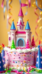 Obraz premium A vibrant, cartoon-style castle centerpiece sits atop a cake surrounded by party hats and streamers, ready for a magical children's event, magic, colorful