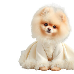 Obraz premium Adorable fluffy Pomeranian dog wearing elegant outfit in bright studio setting with soft lighting