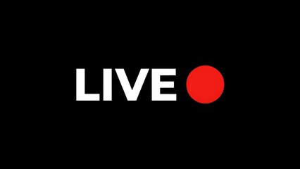 White text L I V E next to a red circle on a black background live broadcast