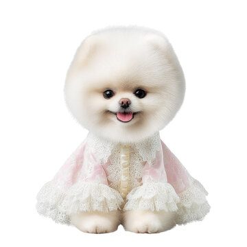Cute fluffy Pomsky puppy wearing pink lace dress with ruffles, sitting elegantly against a white background
