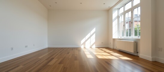 Fototapeta premium Spacious, empty room with hardwood floors and natural light streaming through windows.