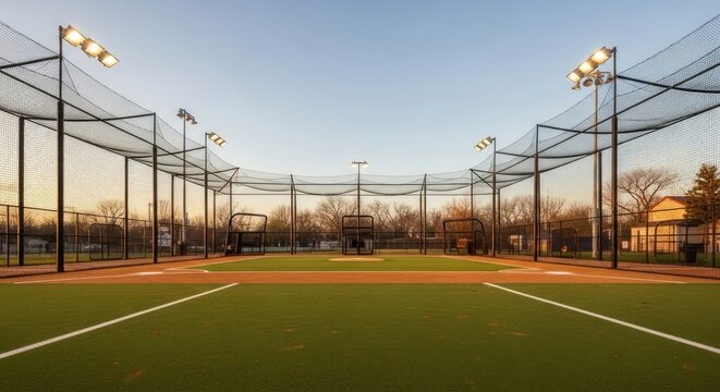A baseball field with batting cages and a baseball diamond in the background.