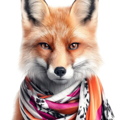 Obraz premium Stylish fox wearing colorful scarf showcasing a unique blend of nature and fashion in a vibrant portrait