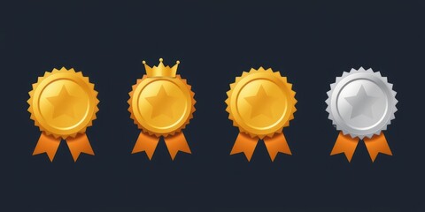 Award badges with stars on a dark background for recognition and achievement.