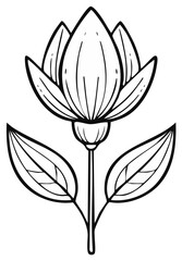 Elegant black and white illustration of a single lotus flower with leaves and stem