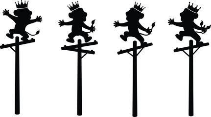 Set of crowned monkey silhouettes standing on utility poles with paintbrushes, whimsical fantasy illustration, symbolic surreal animal art creative design © Nur Creations