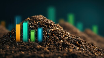 A digital representation of soil with bar graphs emerging from it, symbolizing growth, data analysis, and agricultural development.