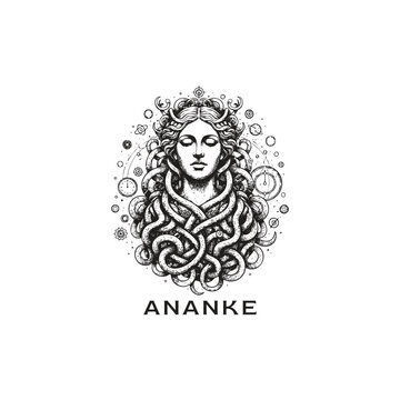 Surreal illustration depicting Ananke, the primordial Greek goddess of Necessity, Fate, and Destiny