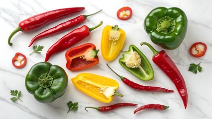 A Colorful Medley of Bell Peppers: A vibrant assortment of freshly sliced bell peppers and chili peppers on display, showcasing a variety of colors and textures. perfect for culinary exploration.