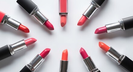 A collection of colorful lipsticks arranged in a circular pattern on a white background.