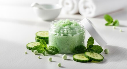 A jar of green cucumber and mint body scrub with a white lid and white background.