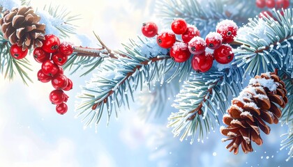   frozen fir branch with  pine cones and red berries