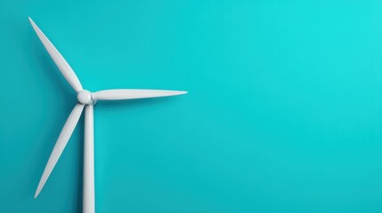 A modern wind turbine against a vibrant turquoise background, symbolizing renewable energy and sustainability.