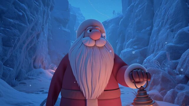 North pole themed santa, christmas, north-pole themed santa character standing near icy cliffs, cool winter blues, warm lantern light, whimsical holiday atmosphere