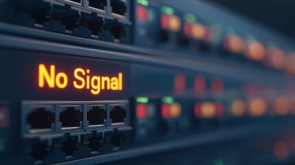 A close-up image of network hardware displaying a bright "No Signal" alert, highlighting data connectivity issues.