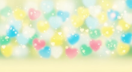 A colorful, abstract background featuring hearts and snowflakes.