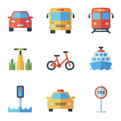 Bright transportation and road safety icon bundle, cartoon vehicles traffic signs for children learning designs