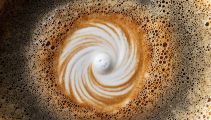 Close-up swirls of espresso and milk foam creating a vortex pattern in a cup of coffee
