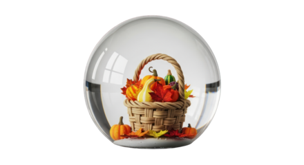 A wicker basket filled with autumn leaves inside a glass globe on a white surface with fall foliage.