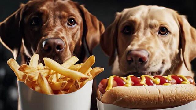 Two hungry dogs look longingly at tempting fast food including crispy french fries and a hot dog