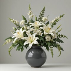 Elegant arrangement of white lilies and verdant foliage in a modern grey vase. A sophisticated botanical centerpiece for serene interior decor