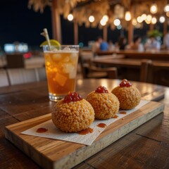 Appetizing crispy golden fried rice balls, garnished with sauce, served with a refreshing iced drink in an inviting evening restaurant