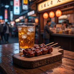 Authentic grilled skewers and a refreshing iced drink on a rustic wooden board, evoking the lively spirit of a vibrant Asian night market
