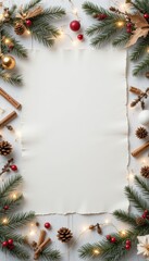 Blank paper for festive messages, framed by Christmas evergreen, berries, pinecones, cinnamon, and warm lights