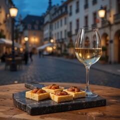 Charming evening scene with a glass of white wine and delicious appetizers on a cobblestone European street, perfect for a relaxing night out