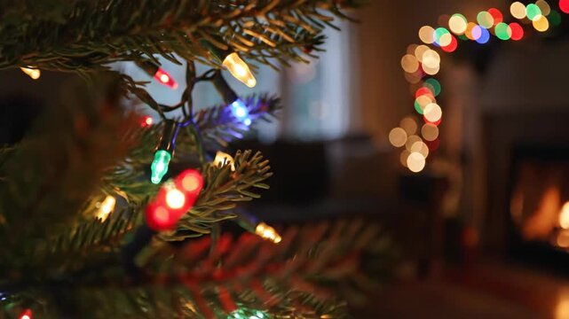 Decorated christmas tree with string lights festive seasonal background