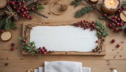 Cozy Holiday Scene Rustic Wooden Frame Adorned with Evergreen Branches and Vibrant Red Berries, Creating a Welcoming Blank Canvas for Festive Messages