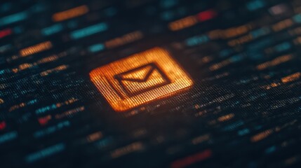 A digital representation of an envelope icon amidst a backdrop of colorful data streams, symbolizing communication and technology.