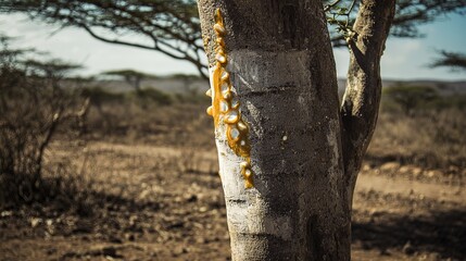 frankincense. Frankincense tree in dry African landscape with glistening resin tears. gardening catalogs, home-decor guides, designed for home decor and floral branding, used by teachers.