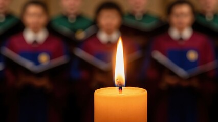 Selective focus on lit candle during choir performance. Dark atmospheric scene for vigil or religious service. Hope and faith concept