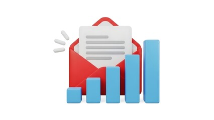 Red open envelope with document and rising blue bar graph on white background paper