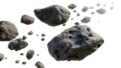 Flying asteroids isolated cut out on PNG on white background. AI GENERATED.
