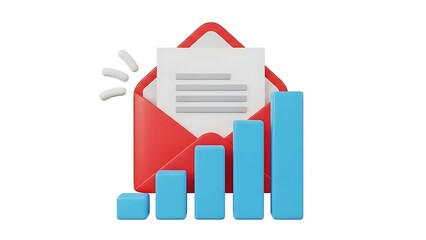 Red open envelope with paper document and rising blue bar graph chart on white background mail email