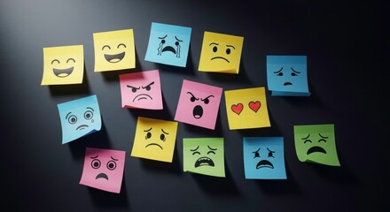 Expressive Emotions: A vibrant array of sticky notes, each adorned with a unique emotive face, paints a compelling picture of diverse feelings and moods, ranging from happiness to sorrow. 