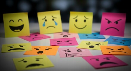 Emotional Spectrum: A collection of sticky notes illustrates a wide array of human emotions, ranging from joy to anger, providing a visual representation of feelings and expression.