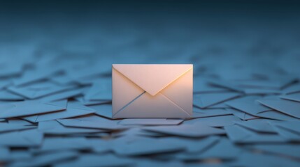 A solitary envelope illuminated amid a sea of other envelopes, creating a striking visual contrast against a blurred blue background.
