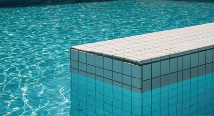 Obraz premium Abstract shot of a minimalist swimming pool edge with bright white tiling and intense sunlight reflecting off the calm water surface ,pure ,neutral ,pattern