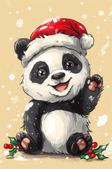 Cute panda wearing red Santa hat with snowflakes and holly berries